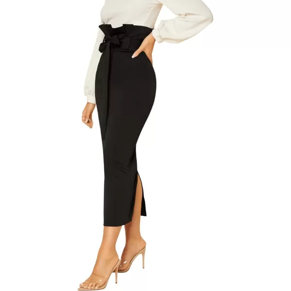 SweatyRocks Women's Paper Bag High Waist Skirt Slit Back Belted Midi Pencil Skirts