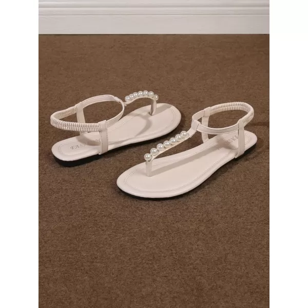 SweatyRocks Women's Pearl T Strap Thong Sandals Open Toe Outdoor Flats Sandals with Ankle Strap