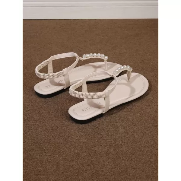 SweatyRocks Women's Pearl T Strap Thong Sandals Open Toe Outdoor Flats Sandals with Ankle Strap