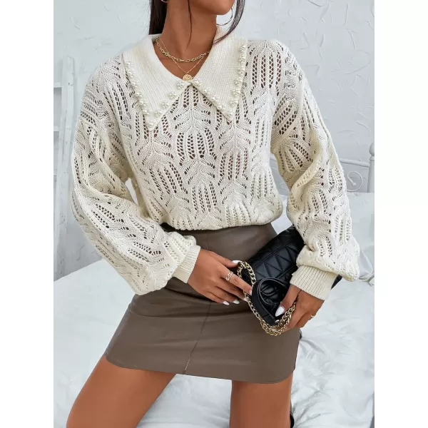 SweatyRocks Women's Pearls Beaded Collared Long Sleeve Hollow Out Sweater Pointelle Knit Drop Shoulder Cropped Top