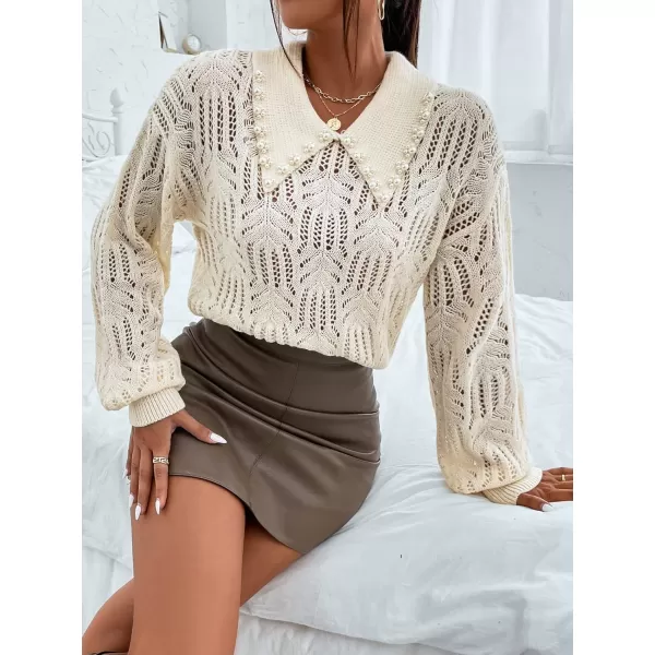 SweatyRocks Women's Pearls Beaded Collared Long Sleeve Hollow Out Sweater Pointelle Knit Drop Shoulder Cropped Top