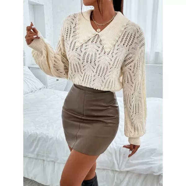 SweatyRocks Women's Pearls Beaded Collared Long Sleeve Hollow Out Sweater Pointelle Knit Drop Shoulder Cropped Top