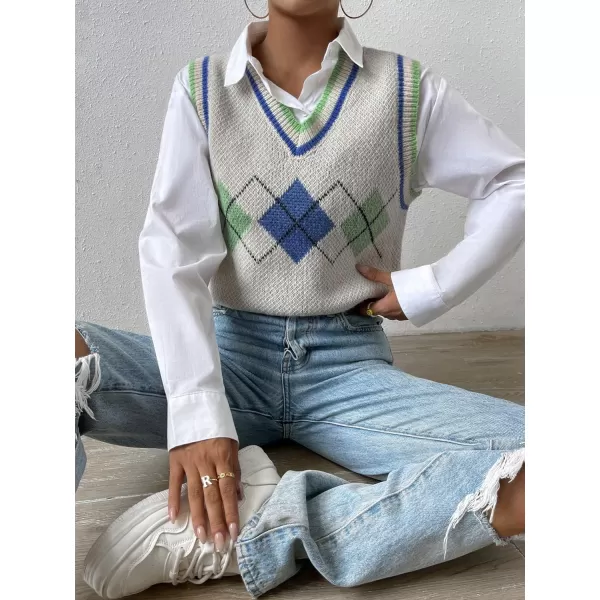 SweatyRocks Women's Plaid Geo Sleeveless V Neck Knit Crop Top Sweater Vest