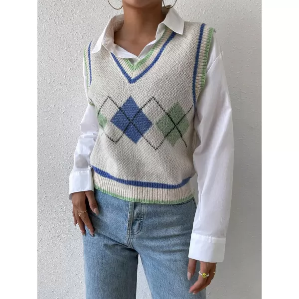 SweatyRocks Women's Plaid Geo Sleeveless V Neck Knit Crop Top Sweater Vest