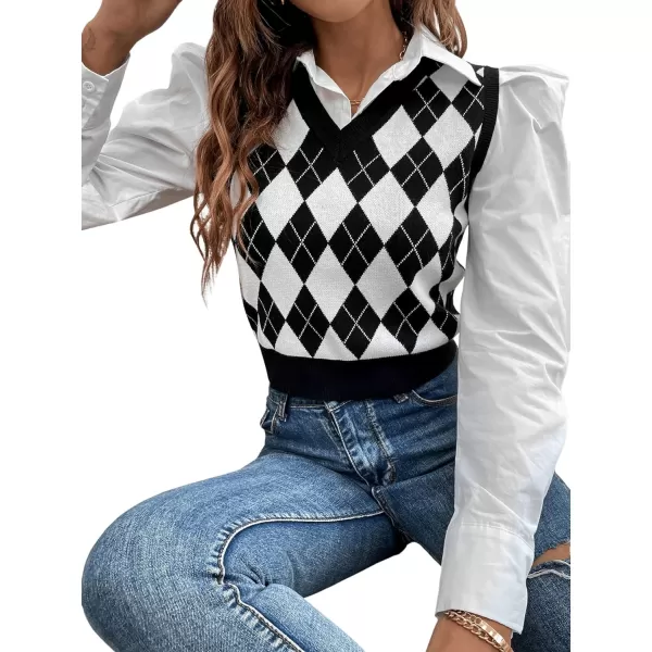 SweatyRocks Women's Plaid Geo Sleeveless V Neck Knit Crop Top Sweater Vest