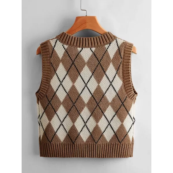 SweatyRocks Women's Plaid Geo Sleeveless V Neck Knit Crop Top Sweater Vest