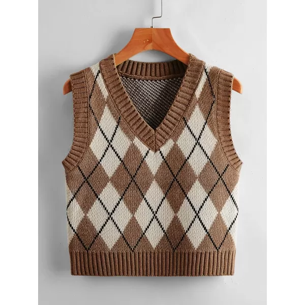 SweatyRocks Women's Plaid Geo Sleeveless V Neck Knit Crop Top Sweater Vest