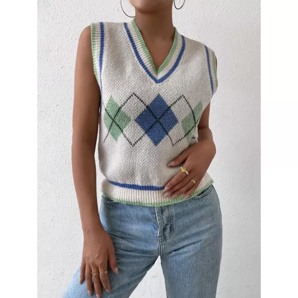 SweatyRocks Women's Plaid Geo Sleeveless V Neck Knit Crop Top Sweater Vest