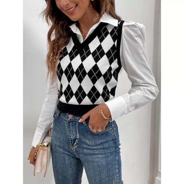 SweatyRocks Women's Plaid Geo Sleeveless V Neck Knit Crop Top Sweater Vest