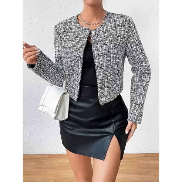 SweatyRocks Women's Plaid Long Sleeve Round Neck Button Down Crop Jacket Single Breasted Short Coat Top