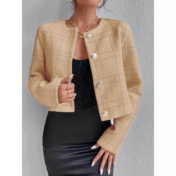 SweatyRocks Women's Plaid Long Sleeve Round Neck Button Down Crop Jacket Single Breasted Short Coat Top