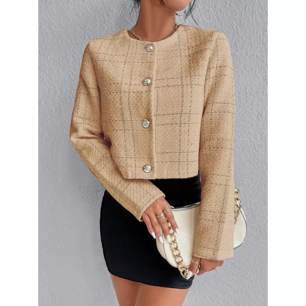 SweatyRocks Women's Plaid Long Sleeve Round Neck Button Down Crop Jacket Single Breasted Short Coat Top