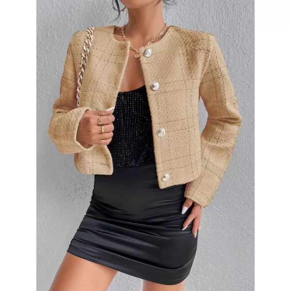 SweatyRocks Women's Plaid Long Sleeve Round Neck Button Down Crop Jacket Single Breasted Short Coat Top