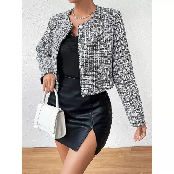 SweatyRocks Women's Plaid Long Sleeve Round Neck Button Down Crop Jacket Single Breasted Short Coat Top