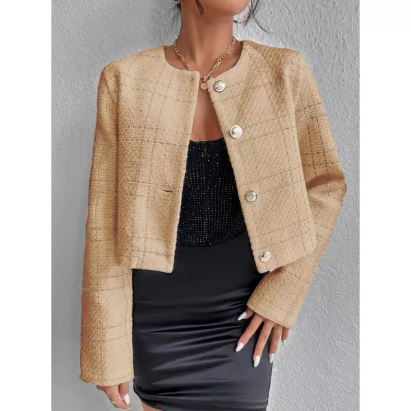 SweatyRocks Women's Plaid Long Sleeve Round Neck Button Down Crop Jacket Single Breasted Short Coat Top