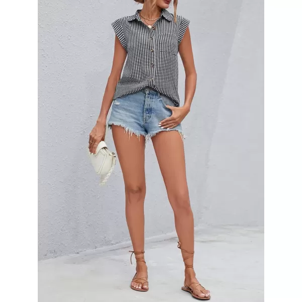 SweatyRocks Women's Plaid Print Cap Sleeve Shirt Casual Summer Button Down Blouse with Pocket