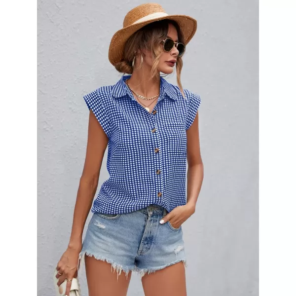 SweatyRocks Women's Plaid Print Cap Sleeve Shirt Casual Summer Button Down Blouse with Pocket