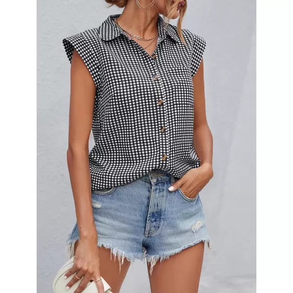 SweatyRocks Women's Plaid Print Cap Sleeve Shirt Casual Summer Button Down Blouse with Pocket