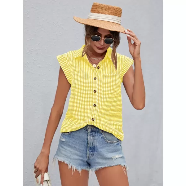 SweatyRocks Women's Plaid Print Cap Sleeve Shirt Casual Summer Button Down Blouse with Pocket