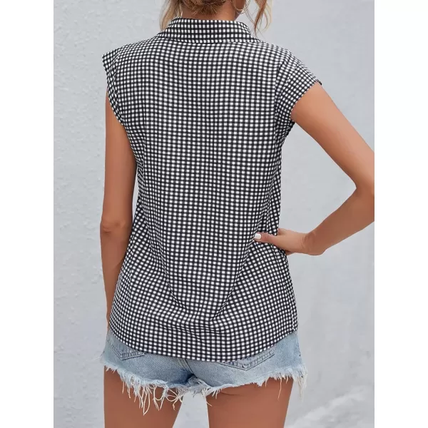 SweatyRocks Women's Plaid Print Cap Sleeve Shirt Casual Summer Button Down Blouse with Pocket