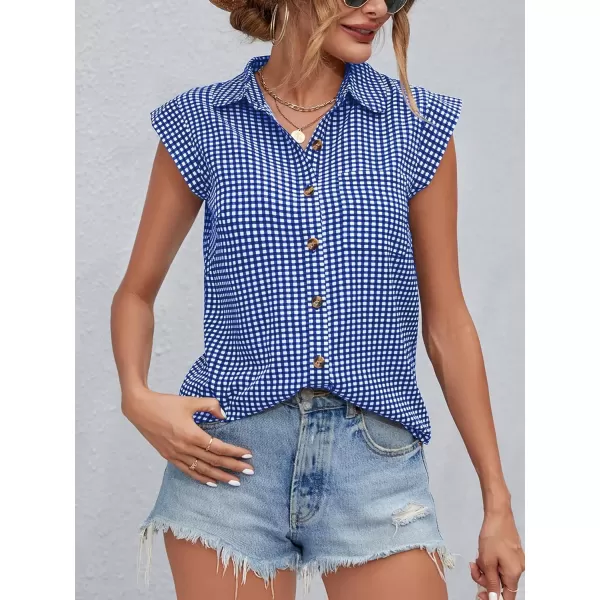 SweatyRocks Women's Plaid Print Cap Sleeve Shirt Casual Summer Button Down Blouse with Pocket