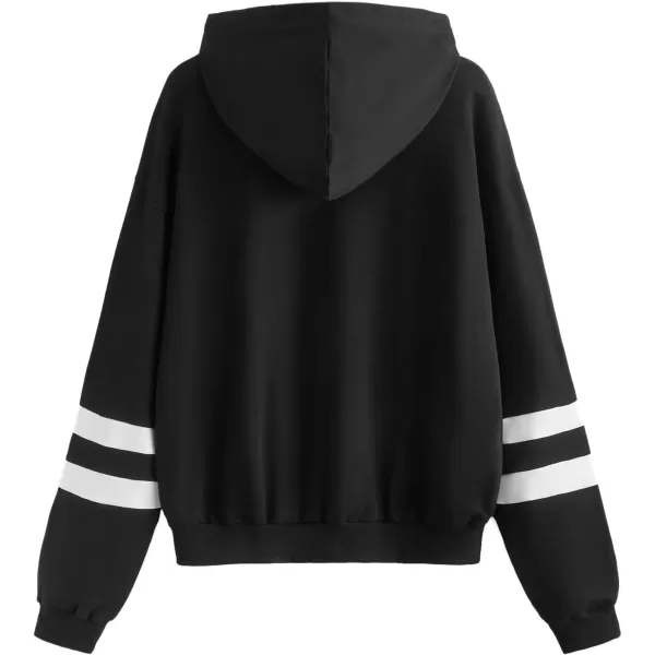 SweatyRocks Women's Planet Print Varsity Striped Drawstring Pullover Sweatshirt Hoodies Tops