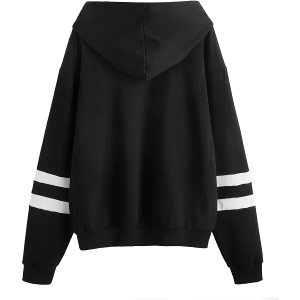 SweatyRocks Women's Planet Print Varsity Striped Drawstring Pullover Sweatshirt Hoodies Tops