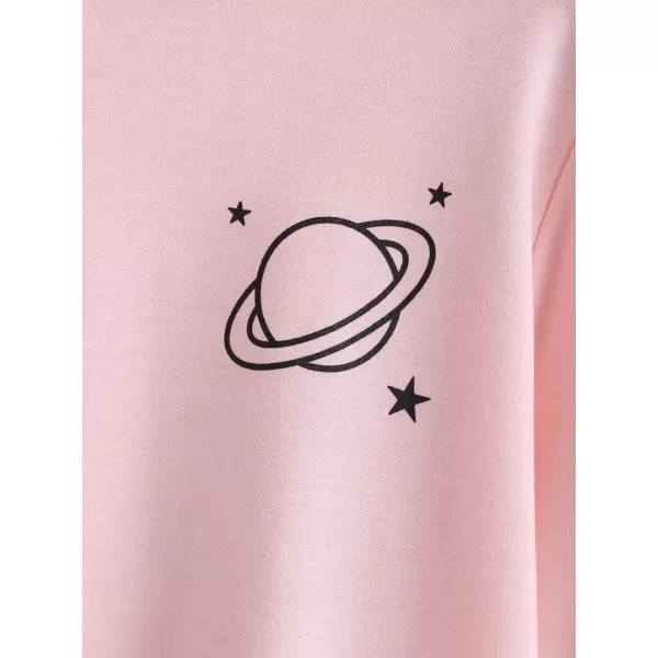 SweatyRocks Women's Planet Print Varsity Striped Drawstring Pullover Sweatshirt Hoodies Tops