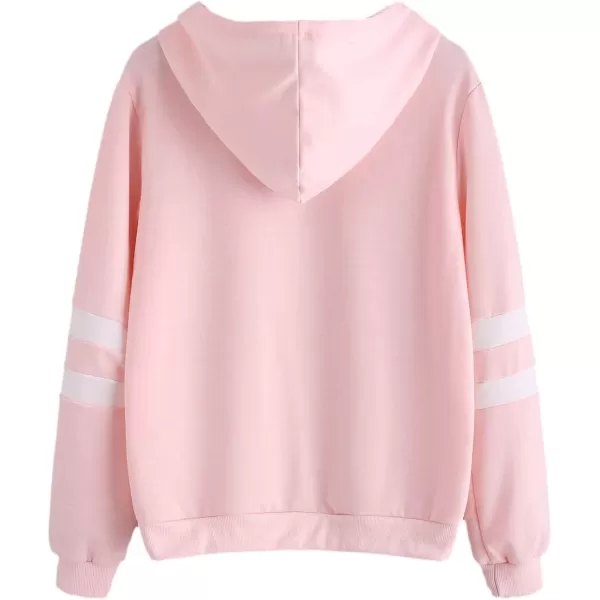 SweatyRocks Women's Planet Print Varsity Striped Drawstring Pullover Sweatshirt Hoodies Tops