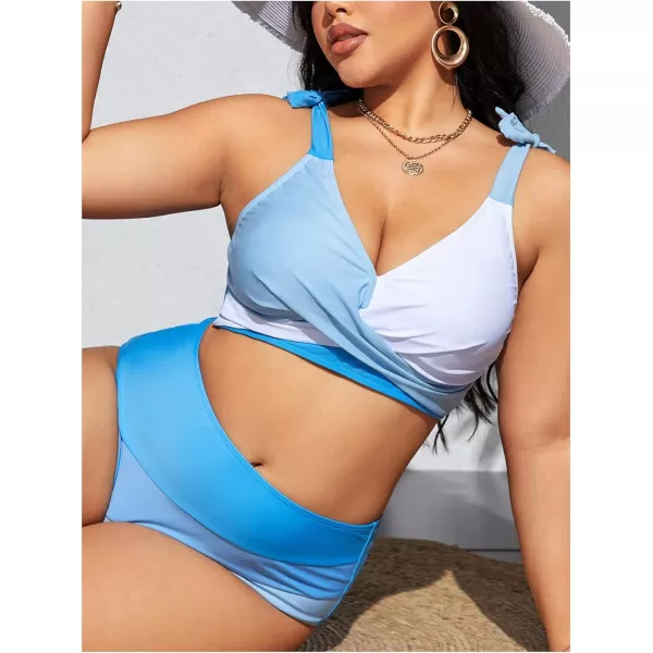 SweatyRocks Women's Plus Size 2 Piece Bikini Set Color Block Wrap Ruched Swimsuit High Waist Bathing Suit