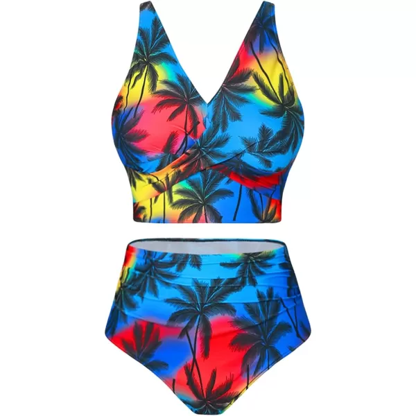 SweatyRocks Women's Plus Size 2 Piece Bikini Set Color Block Wrap Ruched Swimsuit High Waist Bathing Suit