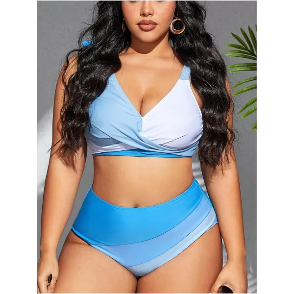 SweatyRocks Women's Plus Size 2 Piece Bikini Set Color Block Wrap Ruched Swimsuit High Waist Bathing Suit