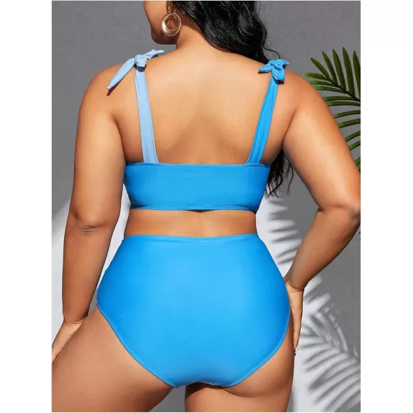 SweatyRocks Women's Plus Size 2 Piece Bikini Set Color Block Wrap Ruched Swimsuit High Waist Bathing Suit