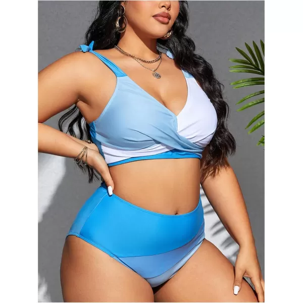 SweatyRocks Women's Plus Size 2 Piece Bikini Set Color Block Wrap Ruched Swimsuit High Waist Bathing Suit
