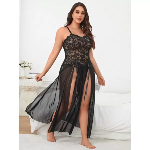 SweatyRocks Women's Plus Size 2 Piece Floral Lace Split Mesh Nightgown with Thongs Babydoll Lingerie
