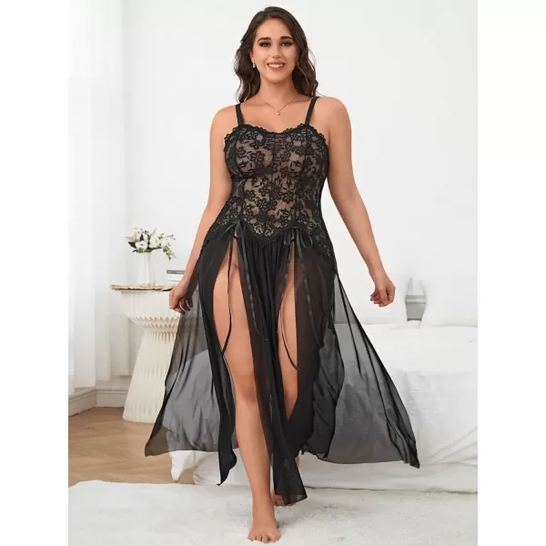 SweatyRocks Women's Plus Size 2 Piece Floral Lace Split Mesh Nightgown with Thongs Babydoll Lingerie