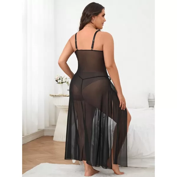 SweatyRocks Women's Plus Size 2 Piece Floral Lace Split Mesh Nightgown with Thongs Babydoll Lingerie
