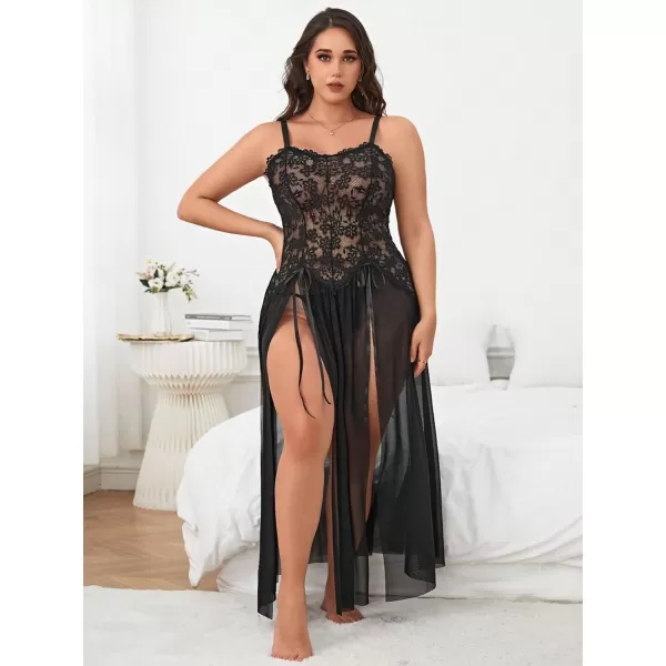 SweatyRocks Women's Plus Size 2 Piece Floral Lace Split Mesh Nightgown with Thongs Babydoll Lingerie