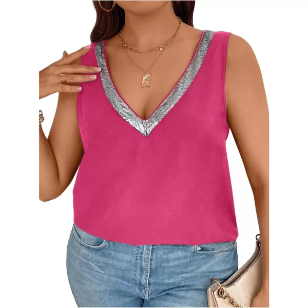 SweatyRocks Women's Plus Size Glitter Sequin V Neck Tank Top Sparkle Color Block Sleeveless Cami Top
