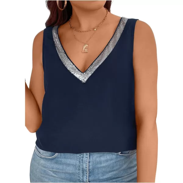 SweatyRocks Women's Plus Size Glitter Sequin V Neck Tank Top Sparkle Color Block Sleeveless Cami Top