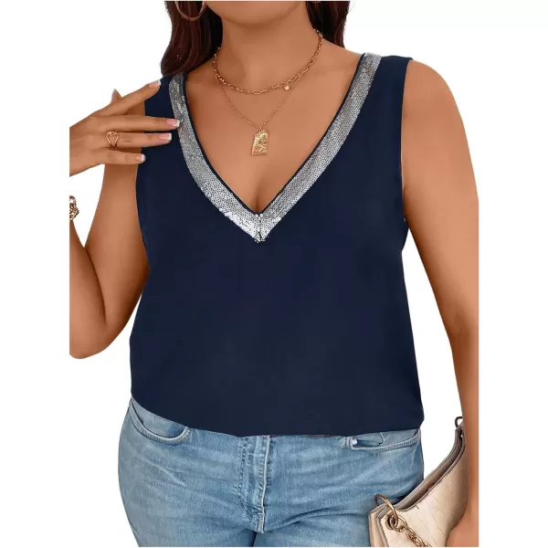 SweatyRocks Women's Plus Size Glitter Sequin V Neck Tank Top Sparkle Color Block Sleeveless Cami Top