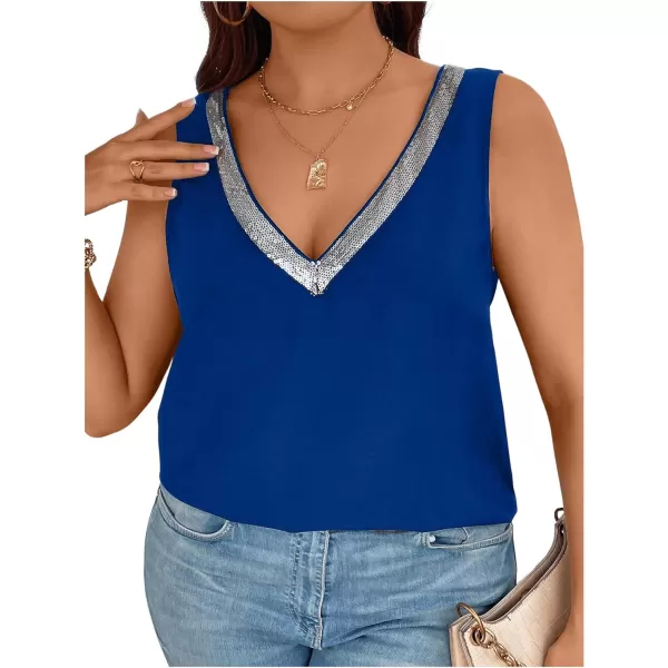 SweatyRocks Women's Plus Size Glitter Sequin V Neck Tank Top Sparkle Color Block Sleeveless Cami Top