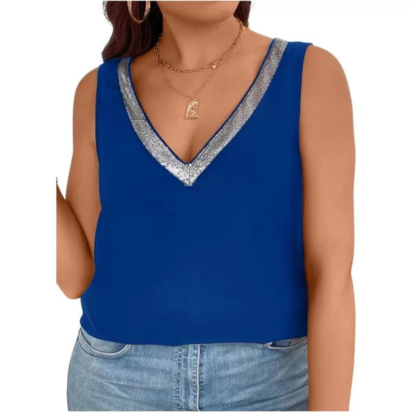 SweatyRocks Women's Plus Size Glitter Sequin V Neck Tank Top Sparkle Color Block Sleeveless Cami Top