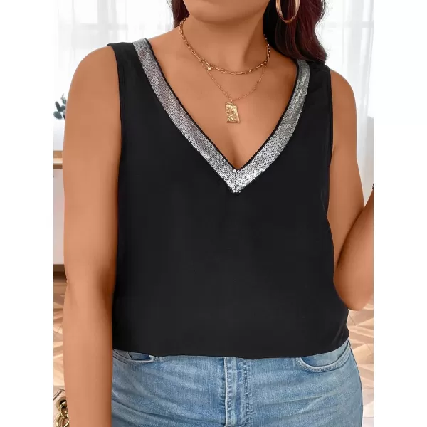 SweatyRocks Women's Plus Size Glitter Sequin V Neck Tank Top Sparkle Color Block Sleeveless Cami Top