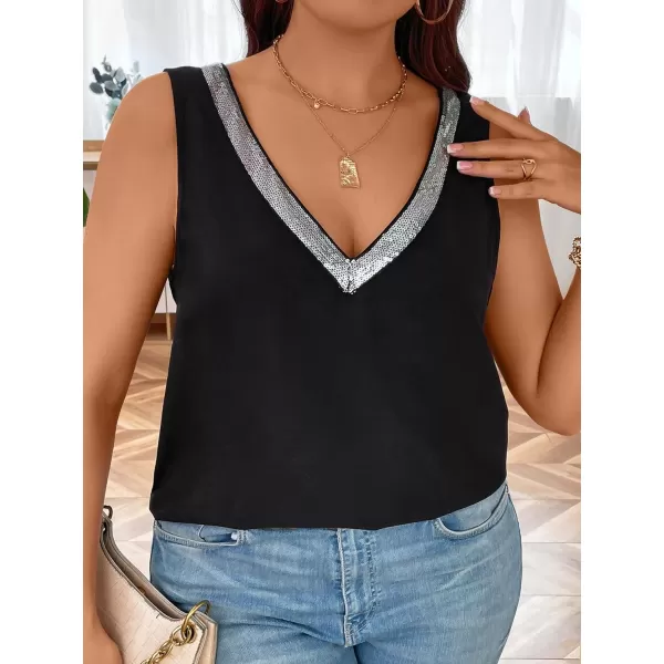 SweatyRocks Women's Plus Size Glitter Sequin V Neck Tank Top Sparkle Color Block Sleeveless Cami Top