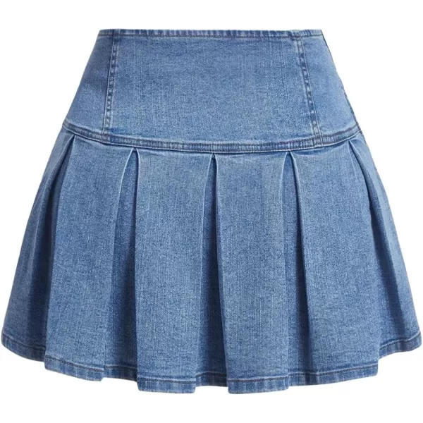 SweatyRocks Women's Plus Size Lace Up Front High Waist A Line Pleated Mini Denim Skirt