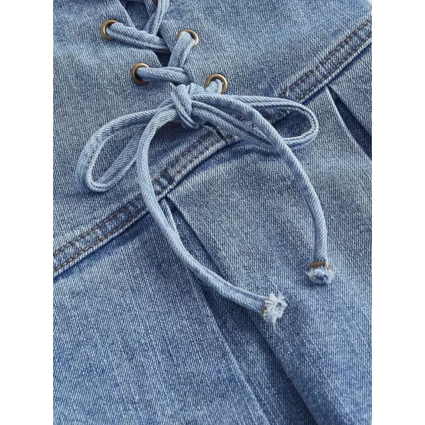 SweatyRocks Women's Plus Size Lace Up Front High Waist A Line Pleated Mini Denim Skirt