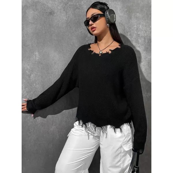 SweatyRocks Women's Plus Size Long Sleeve Drop Shoulder Crop Knit Sweater Distressed Raw Hem Casual Pullover Crop Sweaters
