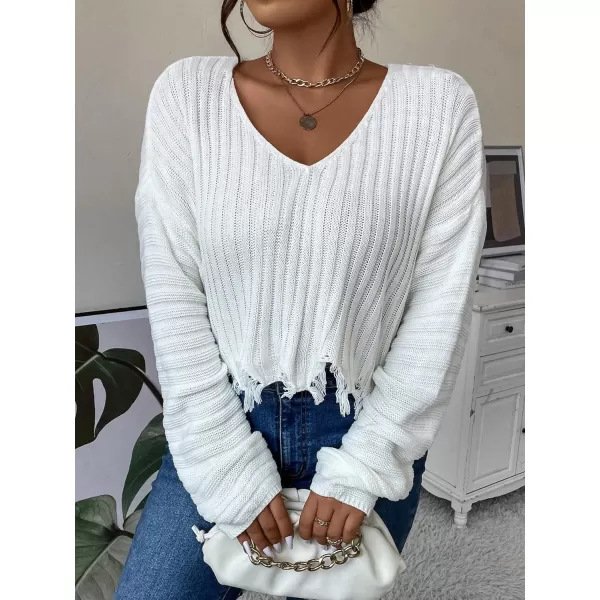 SweatyRocks Women's Plus Size Long Sleeve Drop Shoulder Crop Knit Sweater Distressed Raw Hem Casual Pullover Crop Sweaters