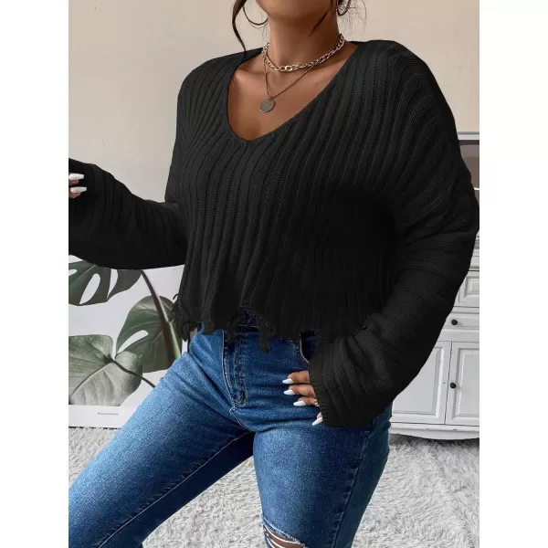 SweatyRocks Women's Plus Size Long Sleeve Drop Shoulder Crop Knit Sweater Distressed Raw Hem Casual Pullover Crop Sweaters